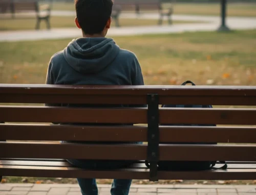 Adolescent sitting alone on a park bench, symbolising emotional challenges and mental health concerns during teenage years.