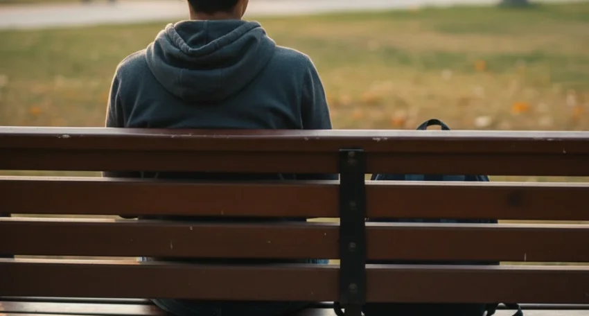 Adolescent sitting alone on a park bench, symbolising emotional challenges and mental health concerns during teenage years.