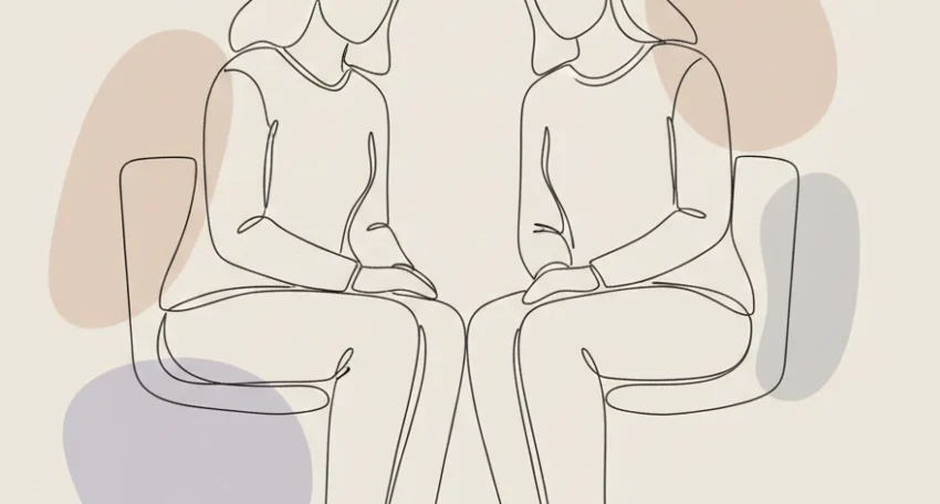 Minimal line art illustration of two people sitting face to face in conversation, representing a supportive counselling session and emotional connection.