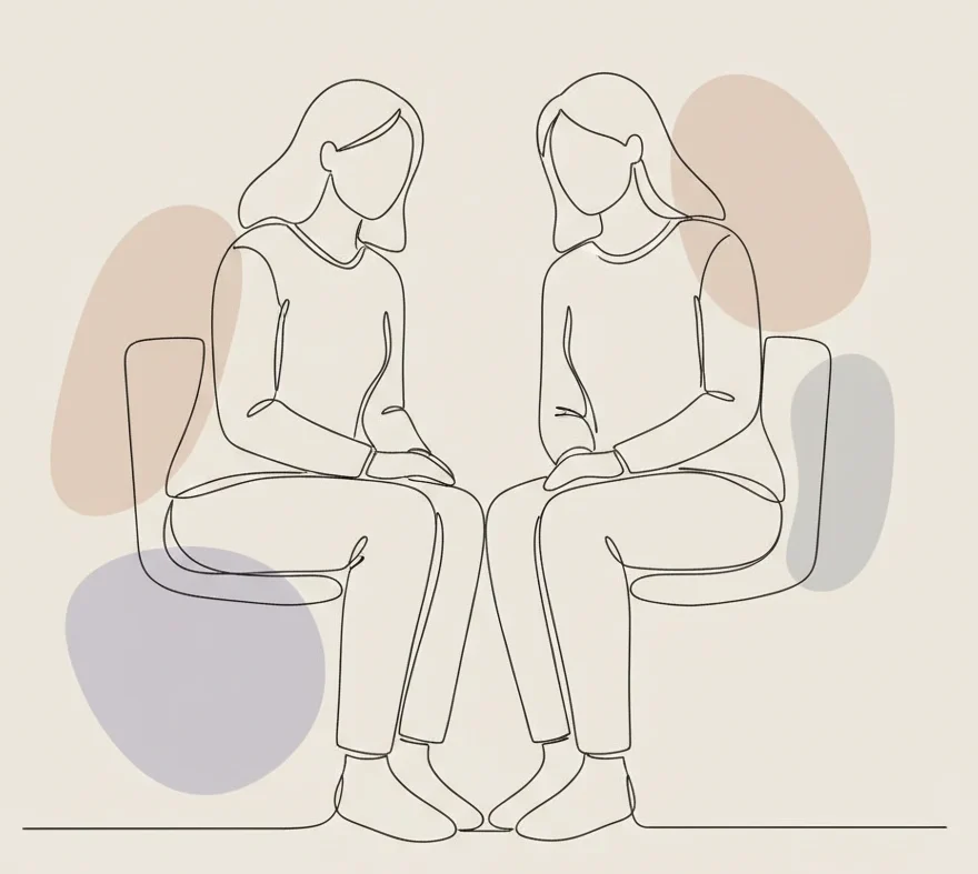 Minimal line art illustration of two people sitting face to face in conversation, representing a supportive counselling session and emotional connection.