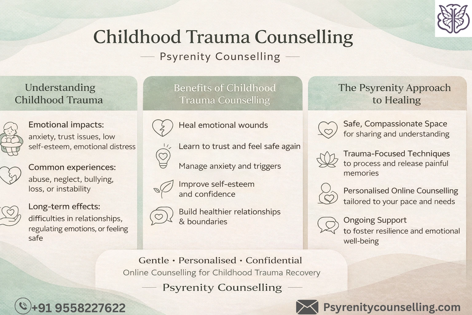 Childhood trauma counselling infographic by Psyrenity Counselling explaining emotional impacts of trauma, therapy benefits, and a compassionate online healing approach.