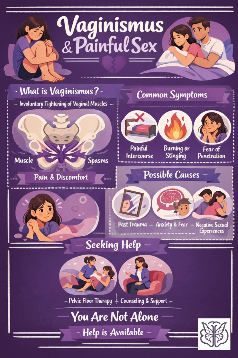 Illustrated infographic explaining vaginismus and painful sex, showing involuntary vaginal muscle tightening, common symptoms like painful intercourse and fear of penetration, emotional causes such as trauma and anxiety, and support through counselling and therapy.