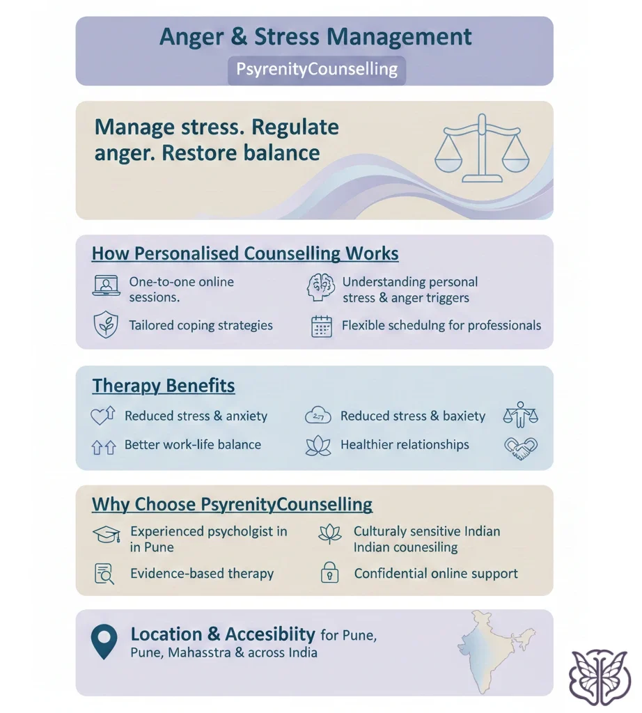 Anger and stress management counselling infographic showing personalised online therapy benefits, stress regulation techniques, and psychologist services in Pune, India.
