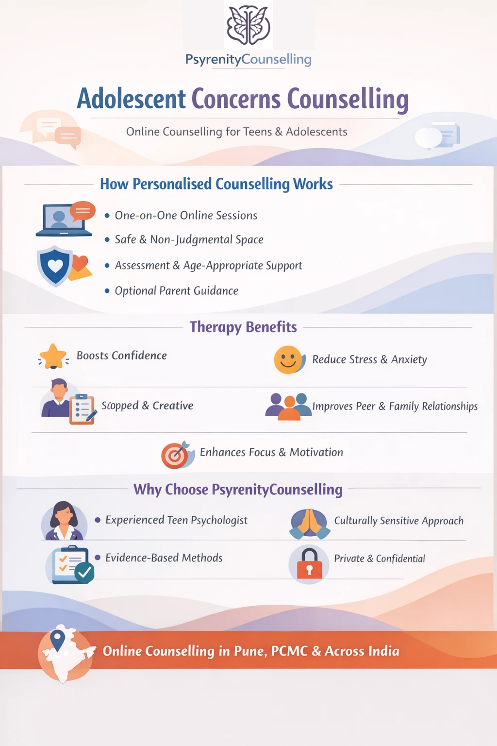 Infographic explaining adolescent concerns counselling, therapy benefits, and personalised online support by PsyrenityCounselling in Pune, India.
