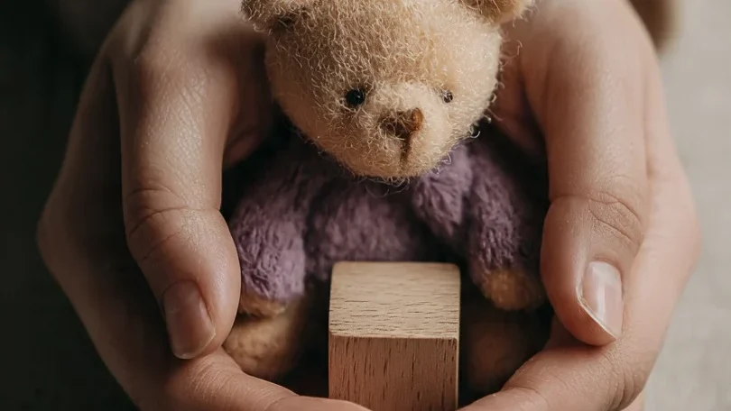 Close-up of adult hands gently holding a small child’s toy on a neutral surface, symbolising childhood trauma healing and compassionate psychological counselling.