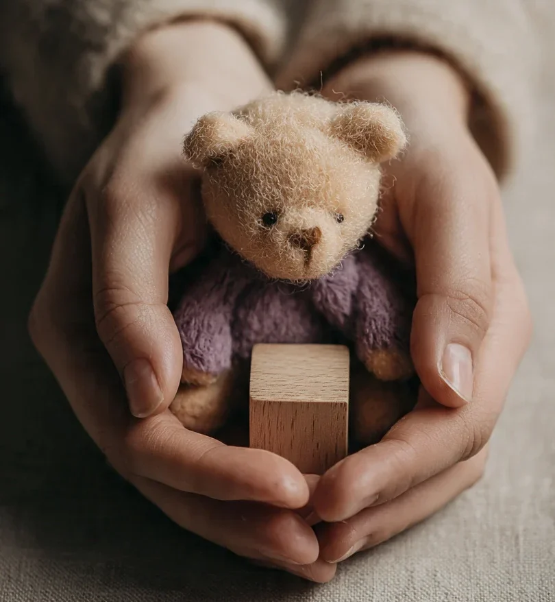 Close-up of adult hands gently holding a small child’s toy on a neutral surface, symbolising childhood trauma healing and compassionate psychological counselling.