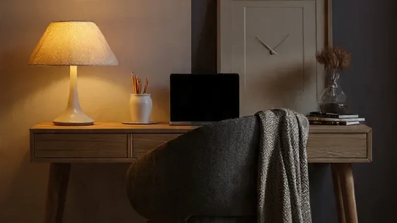 Minimal workspace with a closed laptop, a small plant, and soft warm light, symbolising healthy work–life balance and boundaries.