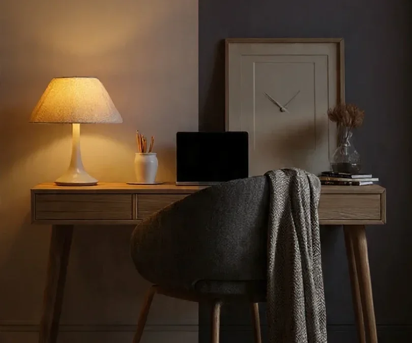 Minimal workspace with a closed laptop, a small plant, and soft warm light, symbolising healthy work–life balance and boundaries.