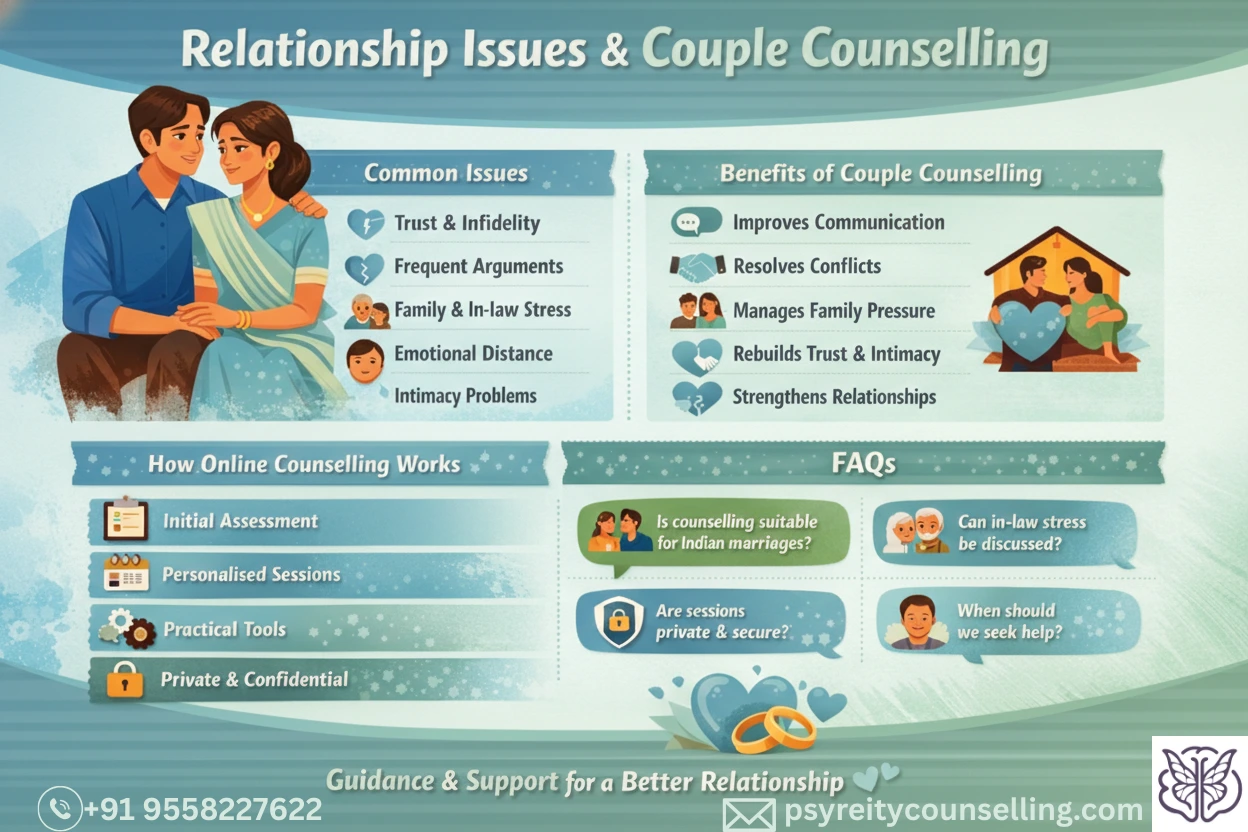 Relationship issues and couple counselling infographic showing common problems like trust issues, frequent arguments, family stress, and benefits of online couple therapy for Indian couples.