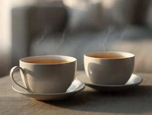Two cups placed close together on a table in a calm setting, symbolising communication, connection, and relationship issues training.