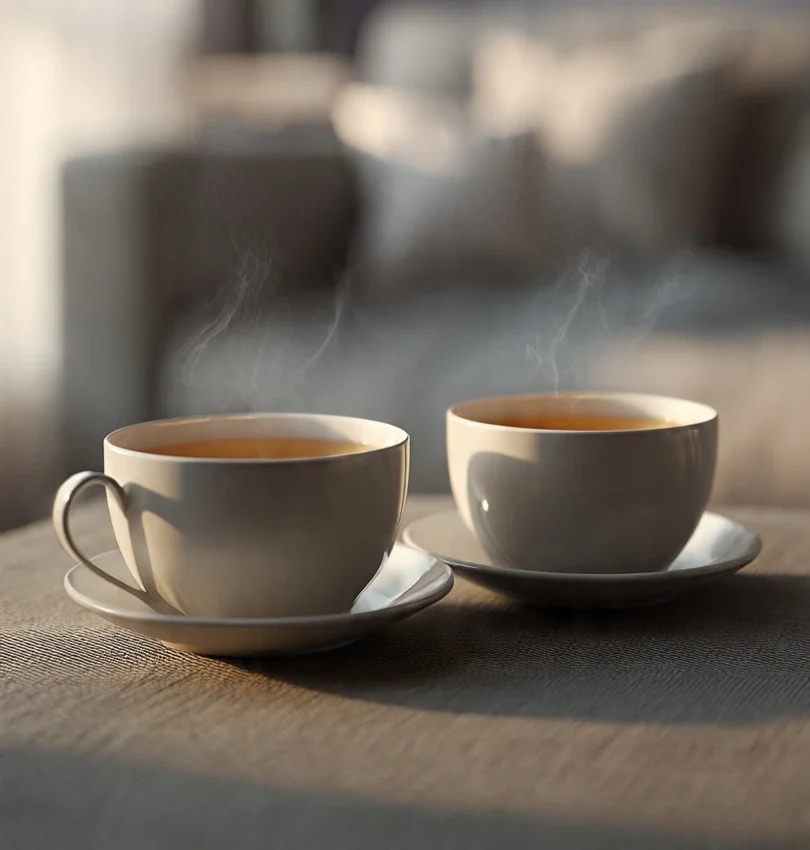 Two cups placed close together on a table in a calm setting, symbolising communication, connection, and relationship issues training.