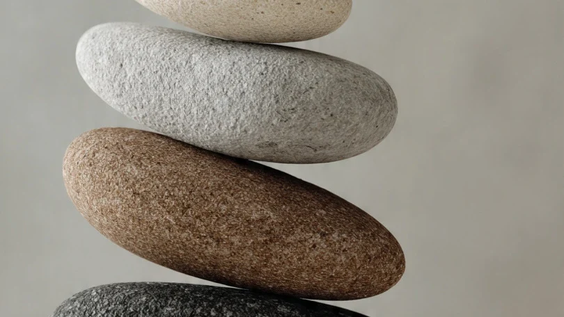 Smooth natural stones carefully stacked in balance against a soft neutral background, symbolising calm, stability, and emotional balance.