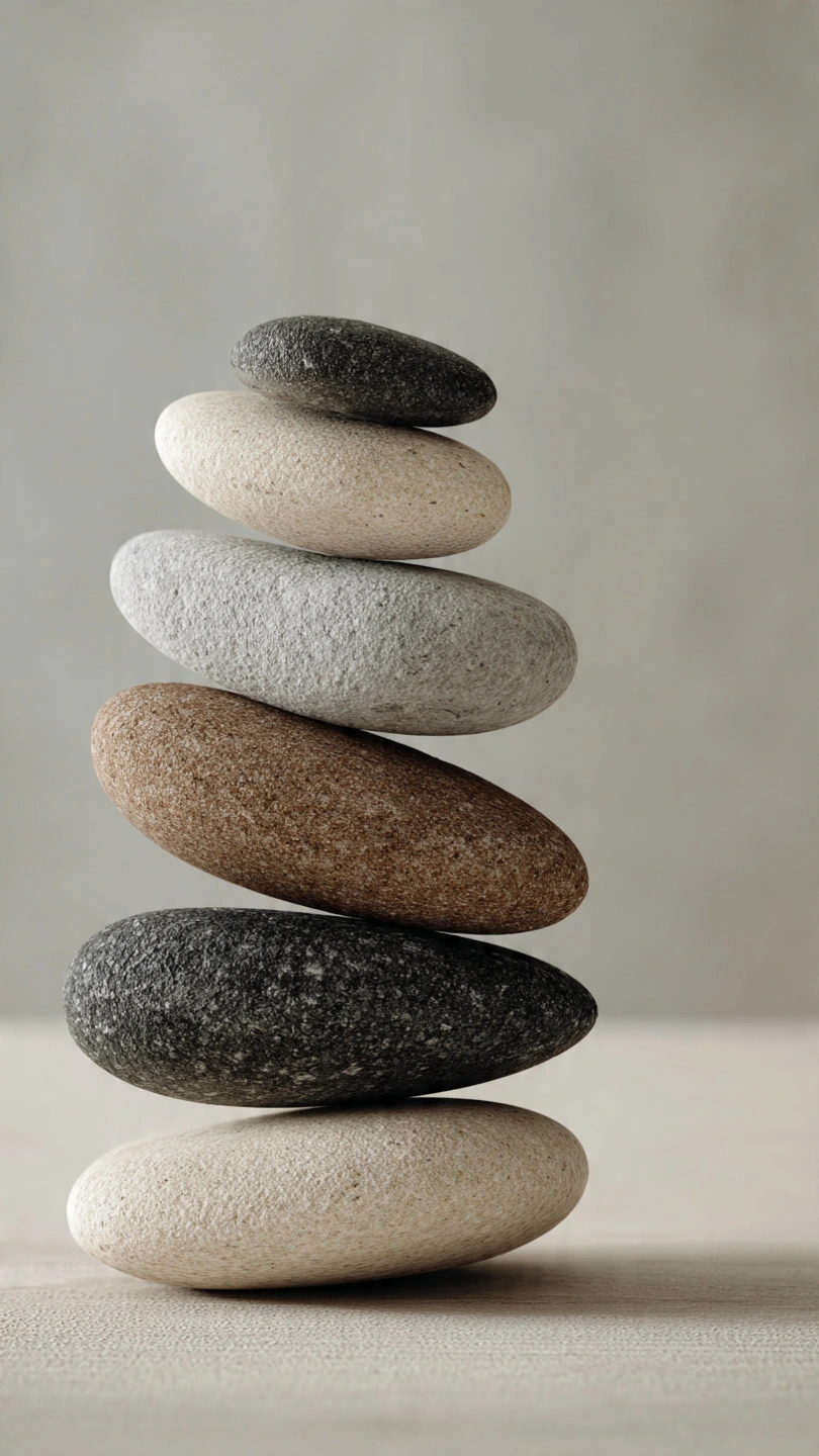 Smooth natural stones carefully stacked in balance against a soft neutral background, symbolising calm, stability, and emotional balance.