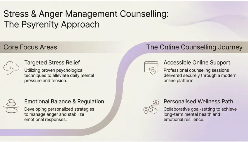 Stress and anger management counselling overview showing Psyrenity’s online counselling approach, focusing on emotional regulation, stress relief, and personalised mental wellness support.