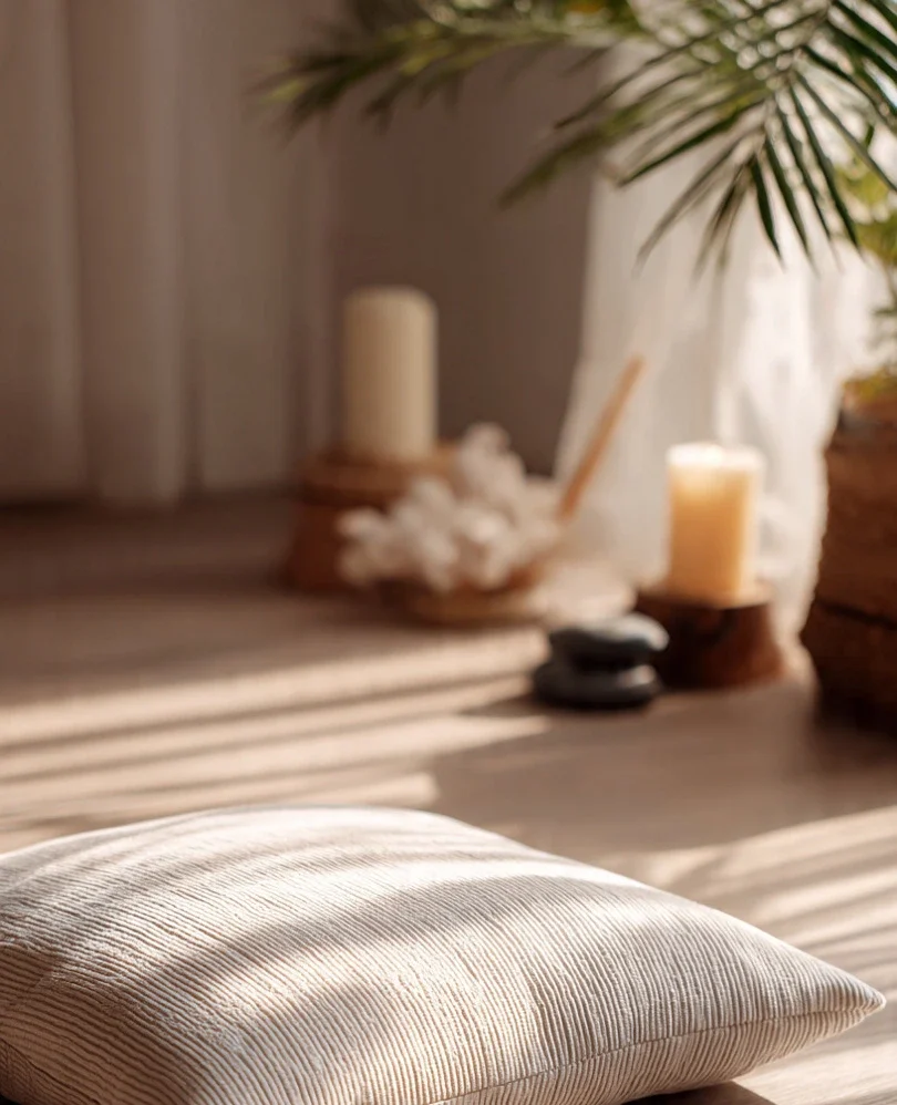 Soft meditation cushion placed on a sunlit wooden floor, creating a calm and soothing wellness environment.